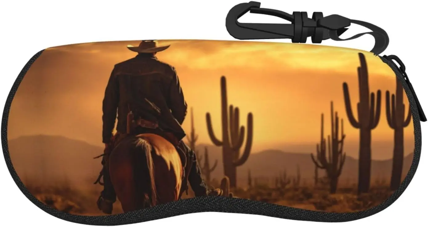 West Desert Cactus with Cowboys Riding Horses 2 Sides Print Sunglasses Soft Case Ultra Light Neoprene Zipper Eyeglass Case