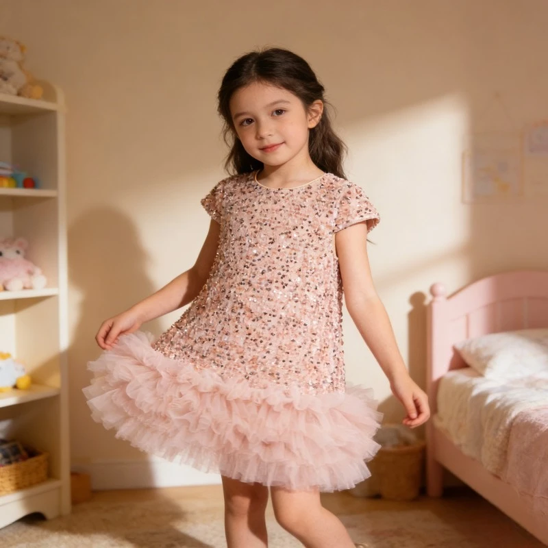 

Kids Sparkle Princess Dress Short Sleeve Mesh Party Dress Birthday Sweet Outfit