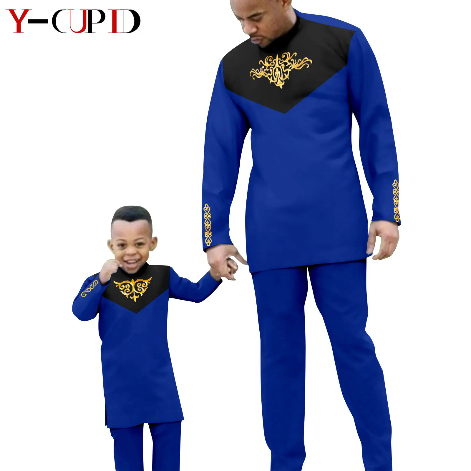 African Clothes for Men Top and Pants Sets Match Kids Boy Sets Dashiki Father and Son Suits Bazin Riche Family Outfits Y20F001