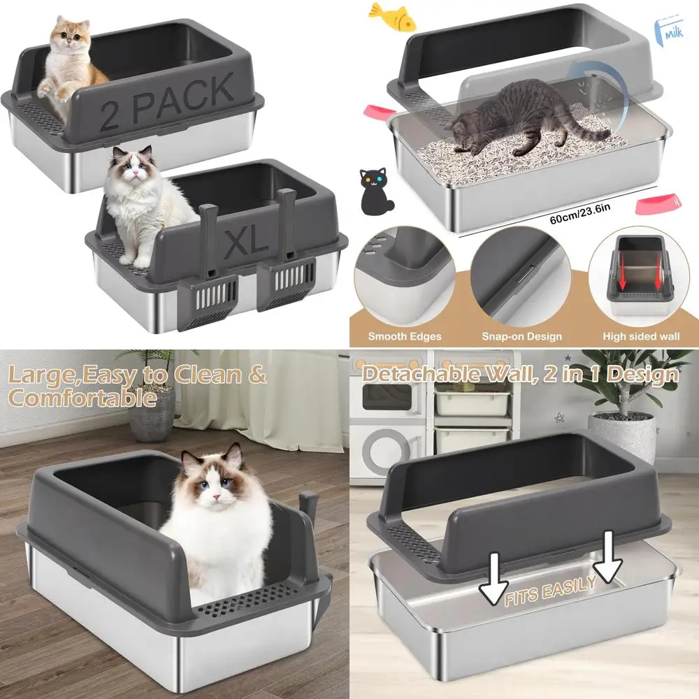 

Large Metal High-Sided Cat Litter Box for Big Cats, 24L x 16W x 9.8H, Stainless Steel Open Design, Suitable for Large Cats with