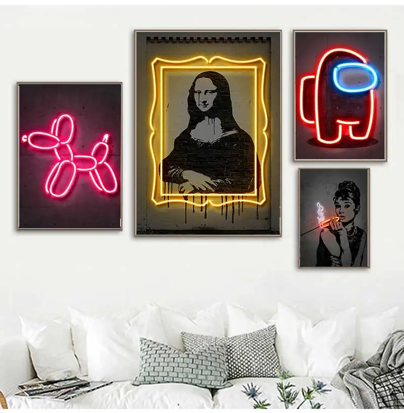 Neon Street Art Graffiti Creation Print Poster Audrey Monalisa Boombox Canvas Painting Balloon Dog Wall Pictures Bar Room Decor