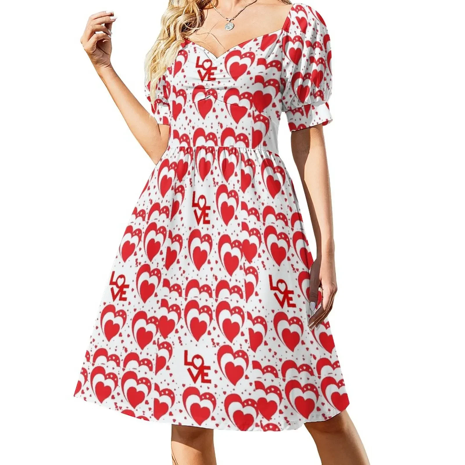 RED AND WHITE HEARTS DESIGN Short-Sleeved Dress Women's clothing fairy dress