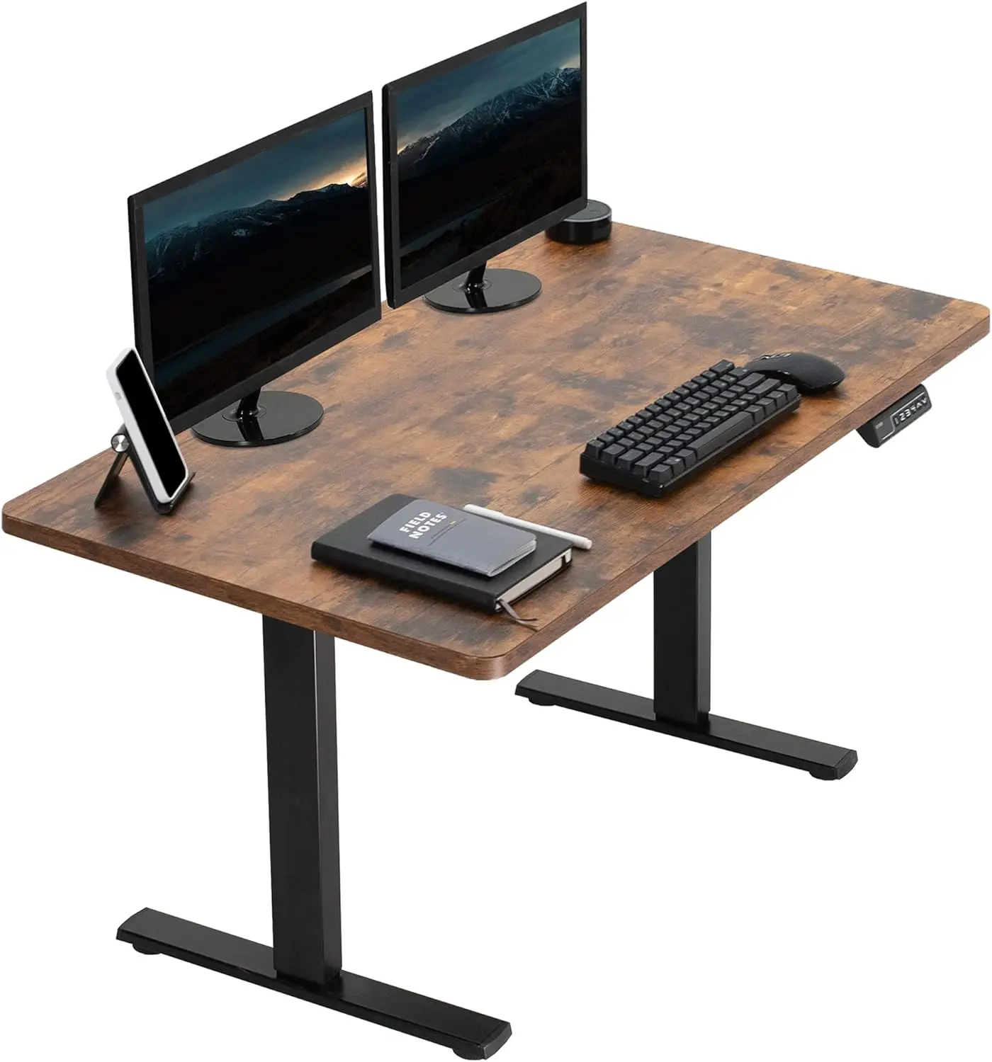 Electric 43 x 24 inch country standing desk workstation, memory controller height adjustment, all-in-one retro brown top