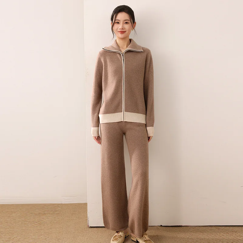 2025 Autumn Women Casual Blazer Cardigan Sweater Pants Set Long Sleeve Zipper Blazer + Wide Leg Trousers Lady Office Outfit Suit