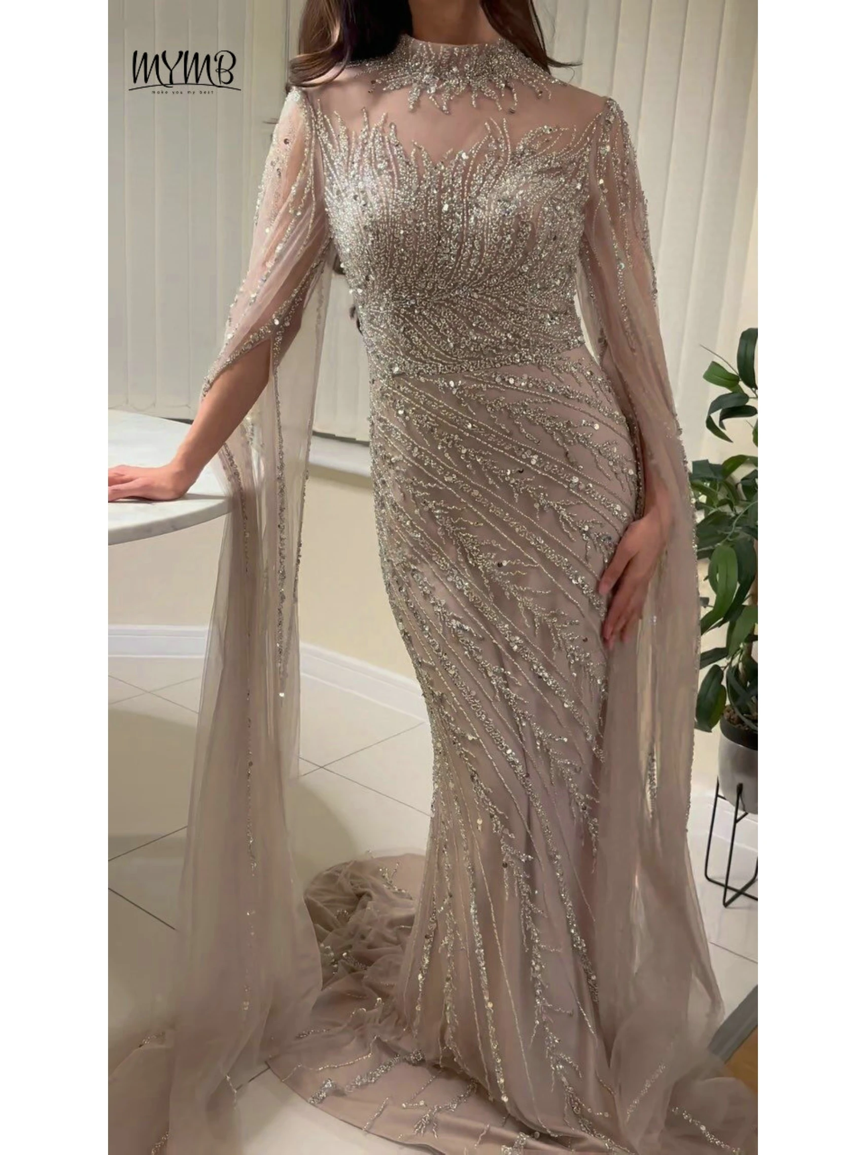 

MYMB Champagne Mermaid Beaded Elegant and Pretty Women's Dresses 2025 New Muslim Long Sleeves Mother of The Bride Wedding Gowns