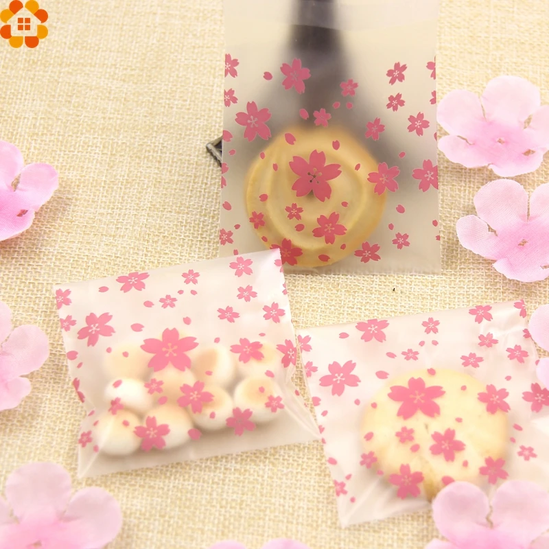 100PCS/Lot 3Sizes Lovely Pink Cherry Blossoms Cookie&Candy Bag Self-Adhesive Plastic Bags For Biscuits Snack Baking Package