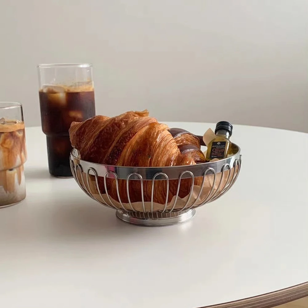

Korean Style Ins Metal Bread Tray Basin Drain Basket Net Red Hollow Basket Stainless Steel Storage Basket Home Decor