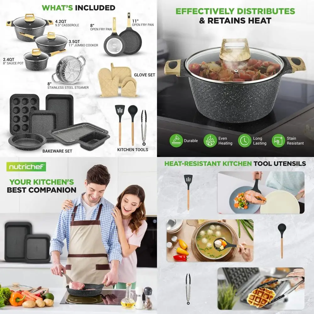 

22-Piece Ceramic Non-Stick Cookware Set - Suitable for All Heat Sources, PTFE and PFAS Free, with Bakeware and Tools