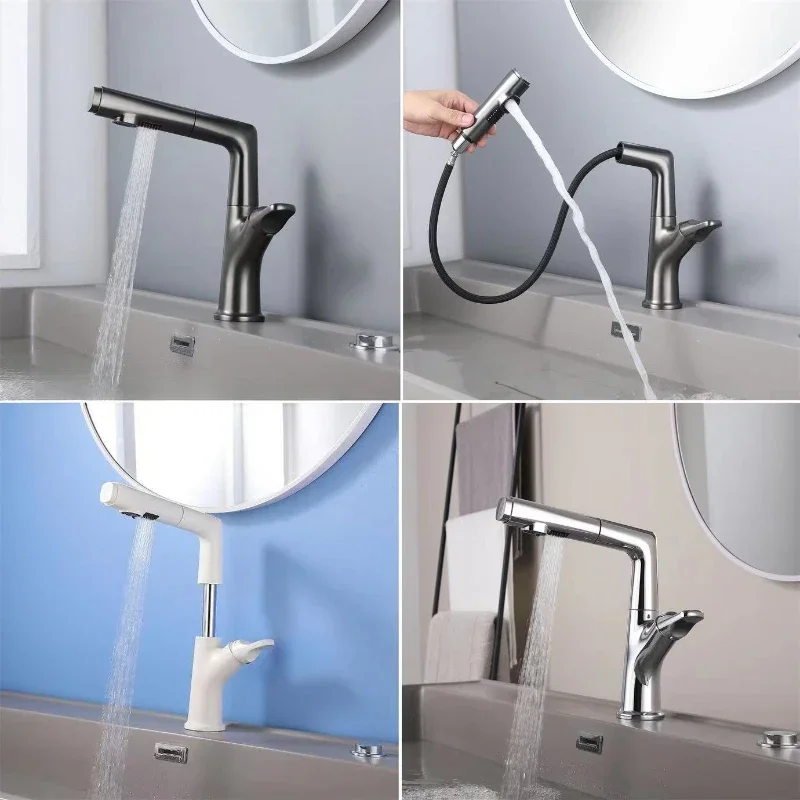 

Zinc Alloy Pull Out Basin Faucet for Bathroom Luxury Mixer Sink Faucet Single Holder Pull Lifting Rotating Washbasin Tap