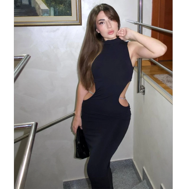 MUJER Abiti lunghi ritagliati da donna Abito lungo senza maniche nero Donna Abiti da festa aderenti sexy da donna Abito da notte alla moda
