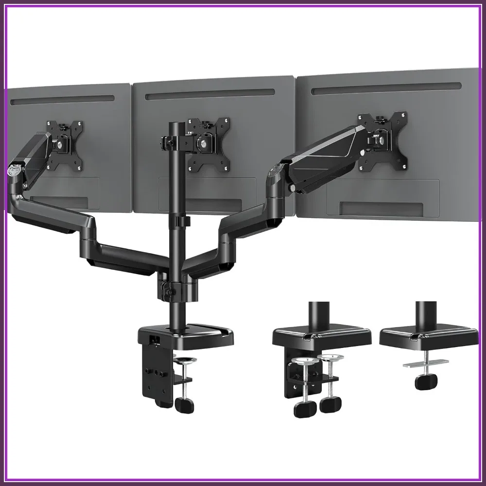 Triple Monitor Desk Mount for 3 Screens up to 27 inch, Full Motion Articulating Arms with Gas Spring, Each Holds 4.4-19.8 lbs