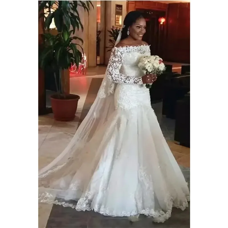 Customized Mermaid Wedding Dress Illusion Long Sleeves Fishtail Train Tulle Lace Bridal Gowns Dress Plus Size Party Wear