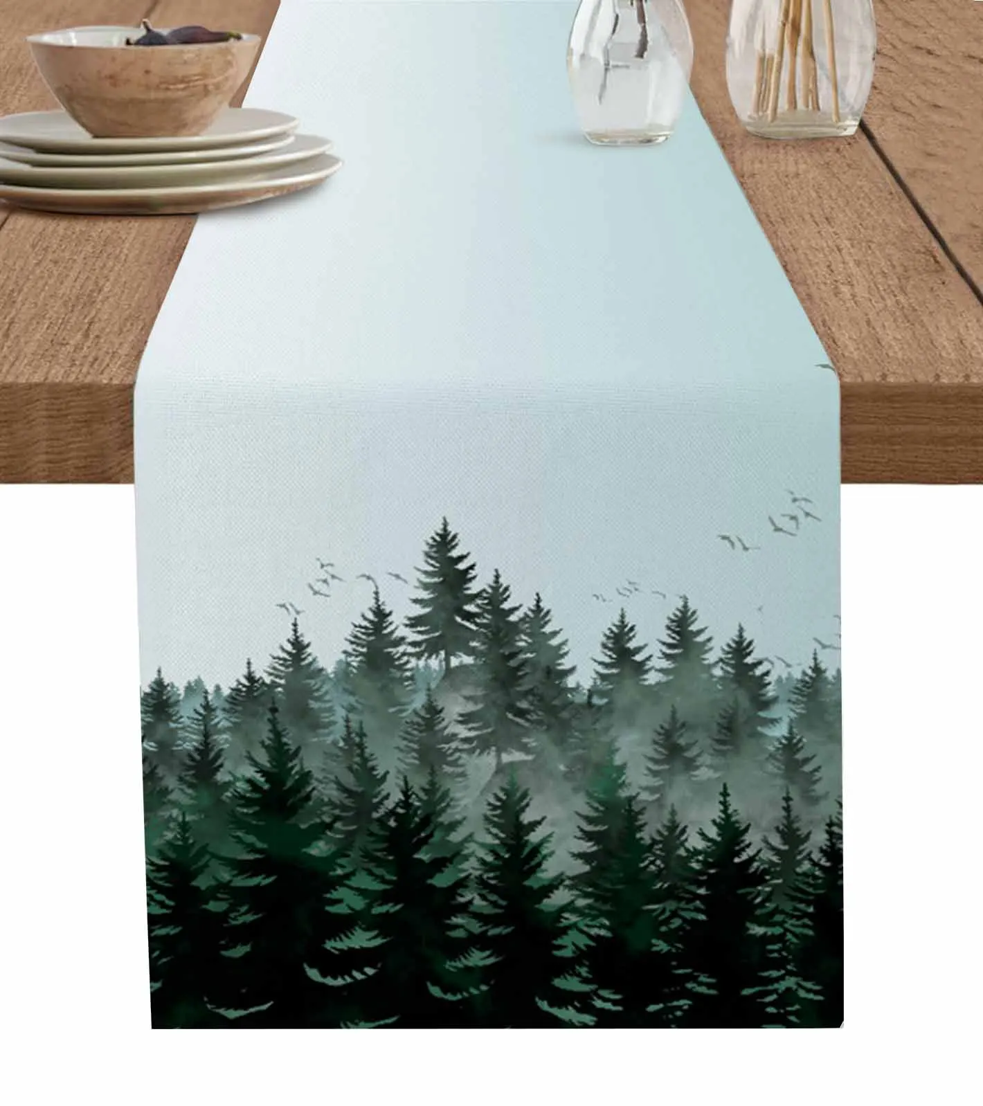 Watercolor Forest Bird Dark Green Table Runner For Kitchen Table Cover Home Decor Tablecloth 4/6 Pcs Placemats