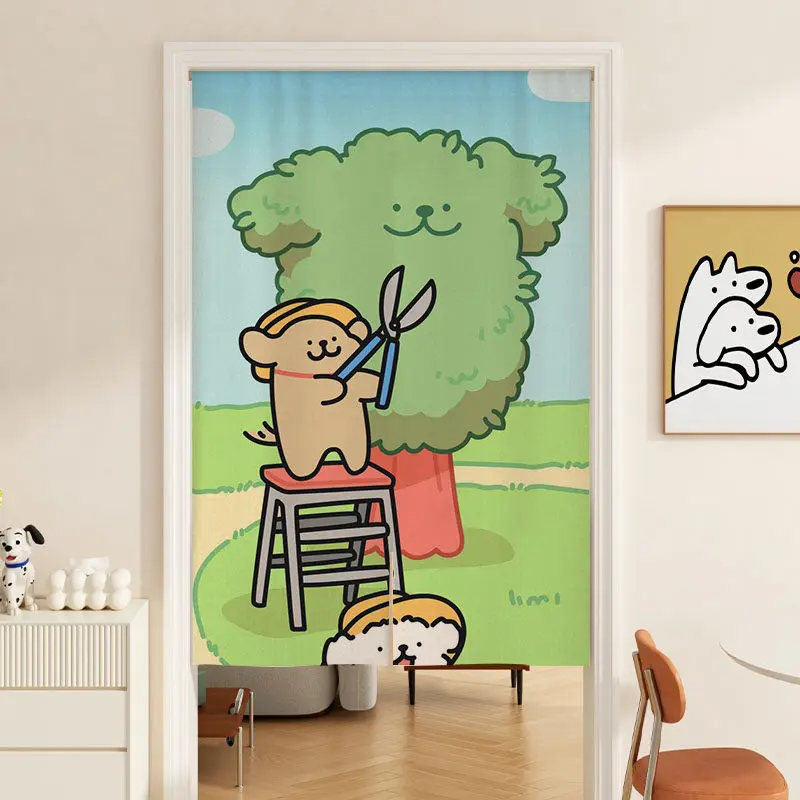 VIKAMA Cartoon Dog Trimming Smiling Tree Illustration Door Curtain Rod Pocket Playful Kids Room Panel Home Decor Soft Durable