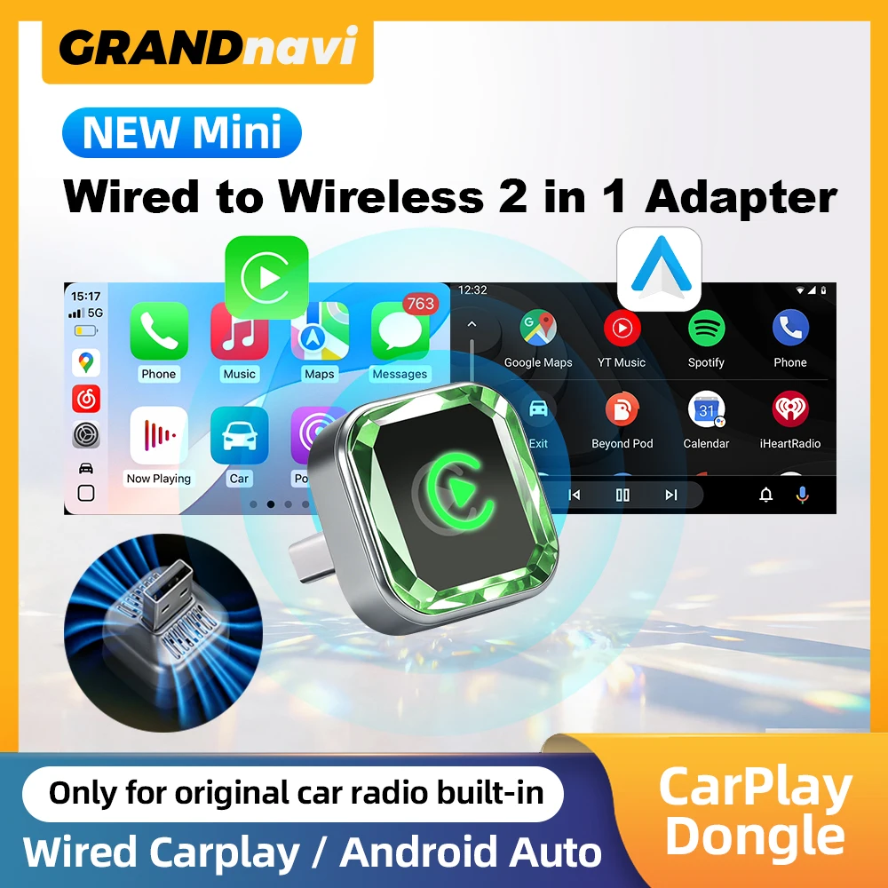 2IN1 Diamond Face Wireless CarPlay Adapter Android Auto Dongle USB Smart Car Box For Kia Volvo Audi MG Opel VW Hyundai Jeep Ford