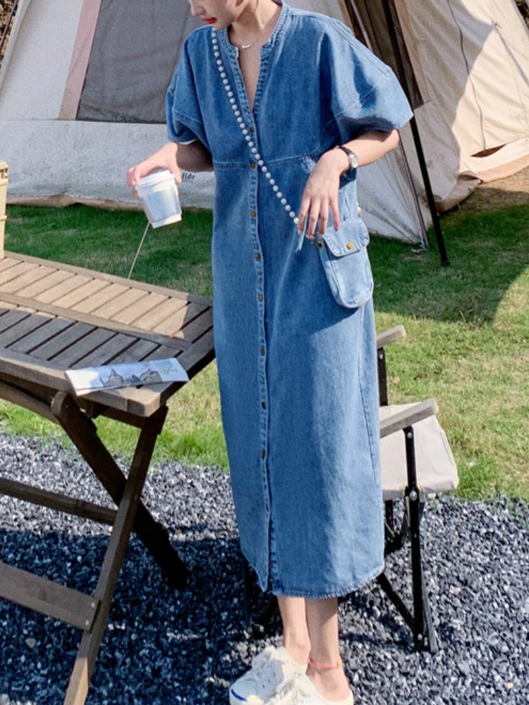 Summer Dress Women 2023 Denim Blue Dress Vintage Female Fashion Korean Casual Clothes Clothing
