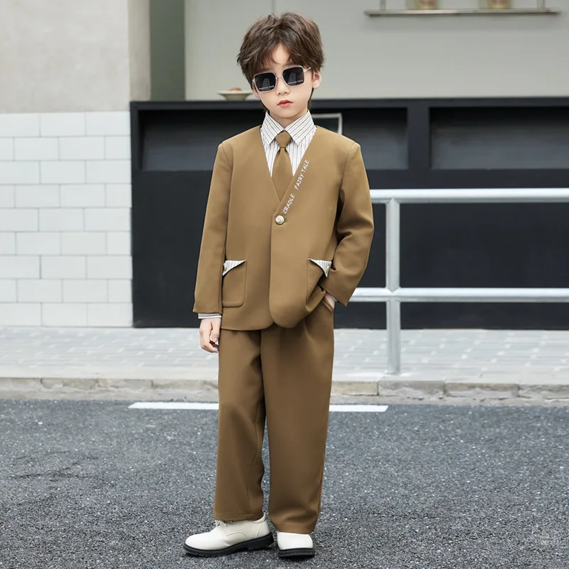 Teen Boys Oversized Blazer Suit Set Collarless Letter Print Jacket with Wide Leg Pants and Striped Shirt Tie Kids Stage Outfit