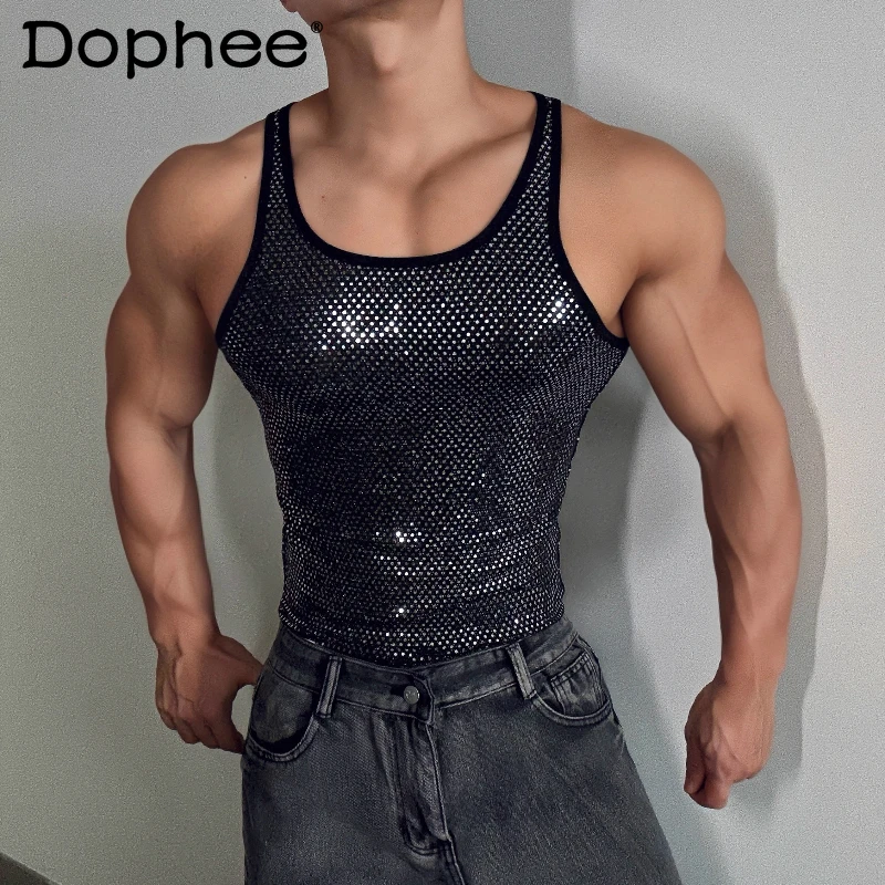 

Men's 2025 Summer New Trendy Tank Tops Sexy Elastic Shining Sleeveless Vests Chic Versatile Fitness Sports Training Clothes Tops
