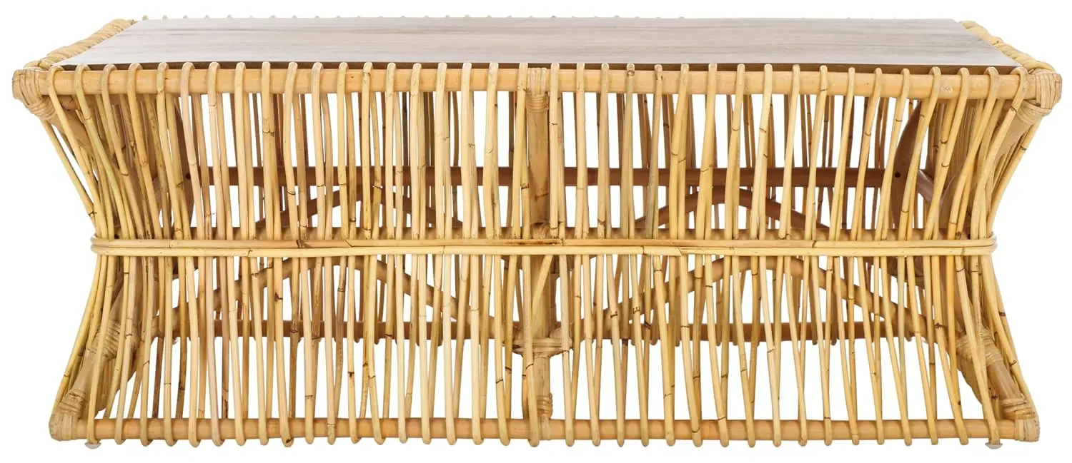 Tropical Coastal Boho Rattan Solid Wood Coffee Table Natural Golden Brown Living Room Fully Assembled, Customized