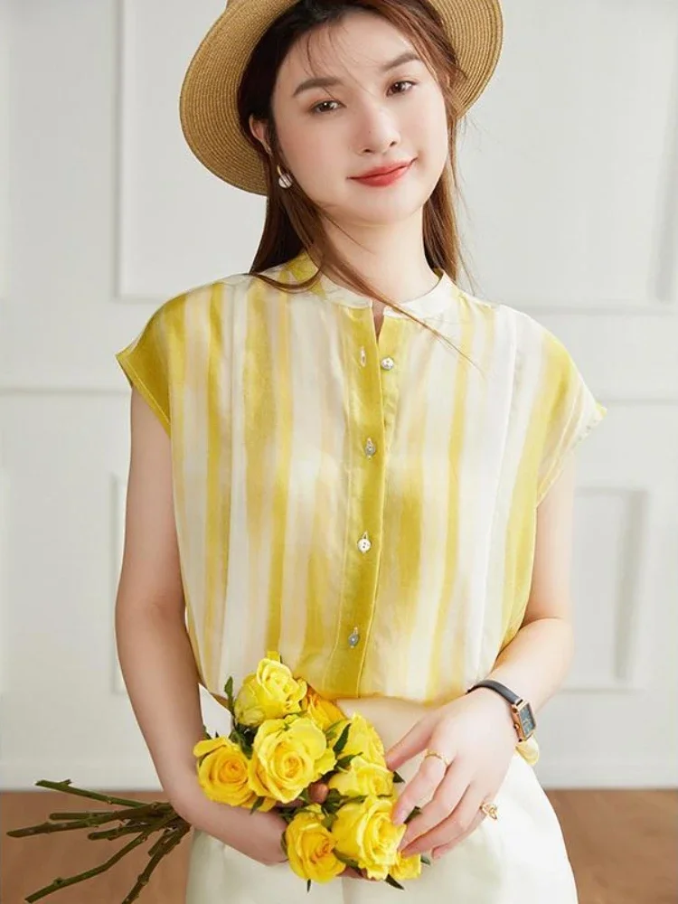 Female Tops Woven Half Sleeve Yellow Women's Shirt and Blouse Simple Cheap Stylish New Collection 2024 Japanese Harajuku Fashion