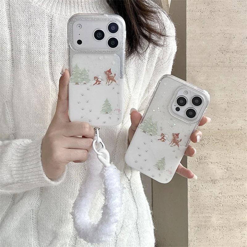 

Kawaii Cartoon Elk Squirrel Phone Case For iPhone 17 Pro 16 15 14 Pro Max 15Pro Back Cover with Plush Hand Strap Cute Cases Fund