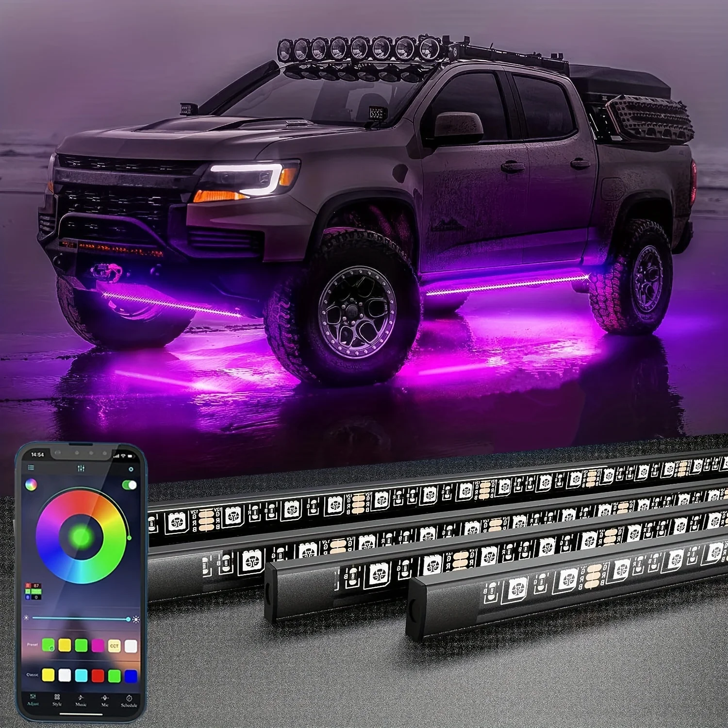 4pcs Car Underglow Neon Accent Strip Lights, App Control 16 Million Colors Music Mode Car Underglow Strip Lights Car Accessories