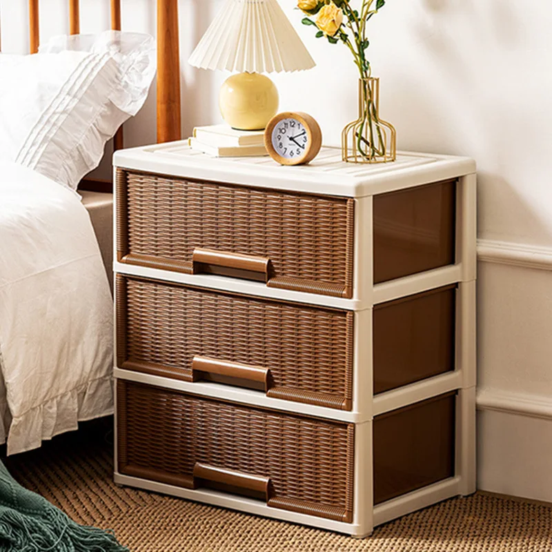 Woven Rattan Storage Cabinet Multi-Layer Drawers Home Organizer for Living Room & Bedroom No-Installation Plastic Cabinet