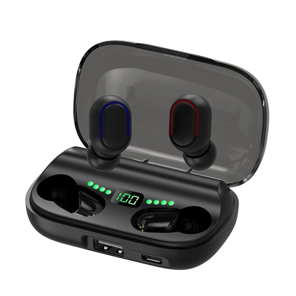 سماعات أذن لاسلكية بتصميم صغير غير مرئي وخاصية إلغاء الضوضاء وحقيبة شحن مدمجة باللون الأسود