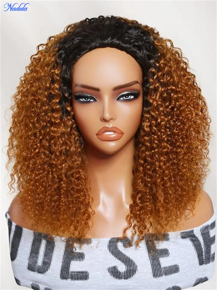 Nadula Flip Over 3/4 Half Wig 100% Virgin Human Hair Black to Copper Brown Ombre Curly Half Wig with Adjustable Drawstring Headband Wig Put On and Go Machine Made Human Hair Wig No Tangle No Shedding Last More than 12 Months
