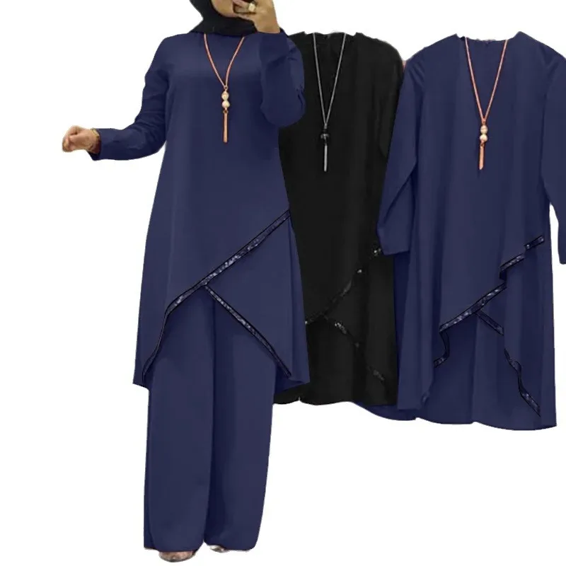 Ensemble Deux Pièces pour Femme Musulmane, Chemisier Uni, Pantalon Large, Ramadan, Maroc, Dubaï, Kaftan, Aïd, Modeste