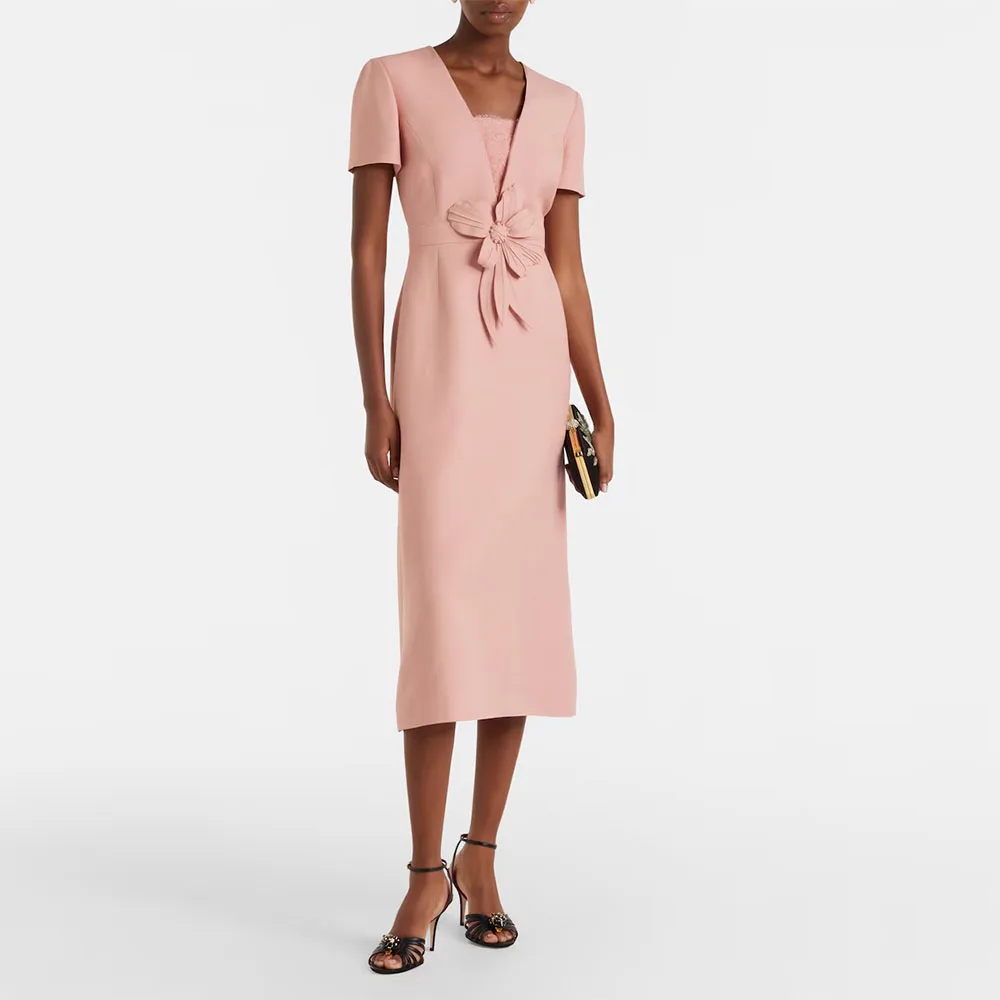 Maßgeschneidertes Abendkleid für Hochzeiten, formelles Partykleid in Teelänge, V-Ausschnitt, Ballkleid mit kurzen Ärmeln, Saudi-Kleid