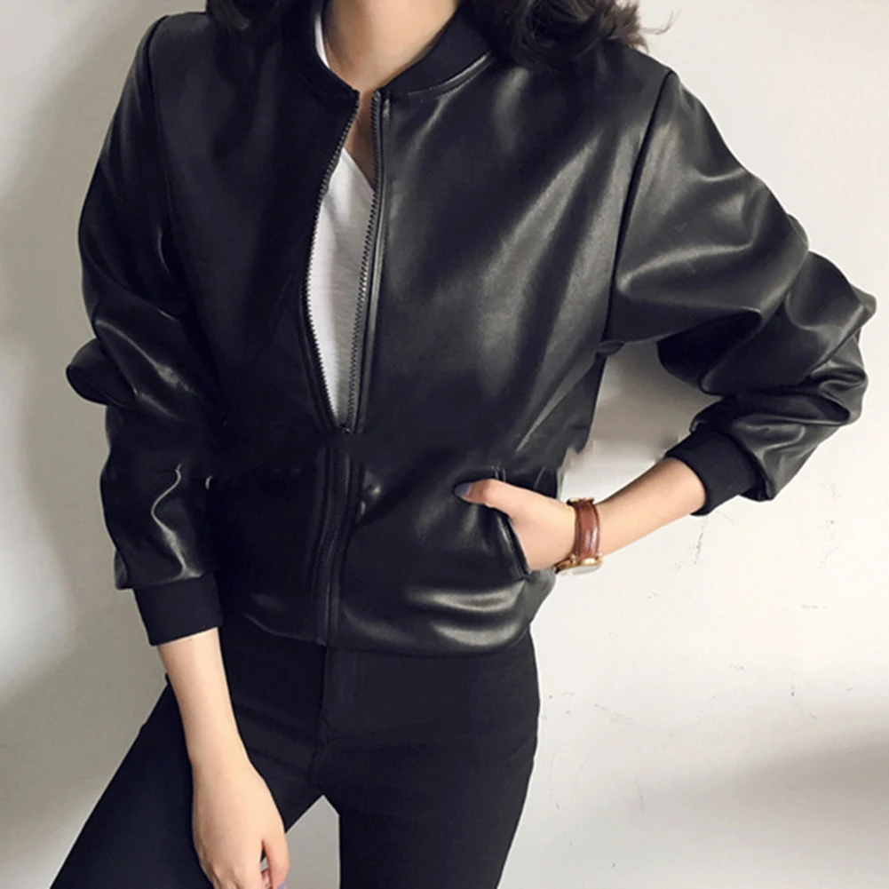 Women's Outerwear PU Jacket with Lantern Sleeves Zipper Front and Collarless Neckline Suitable for Multiple Occasions
