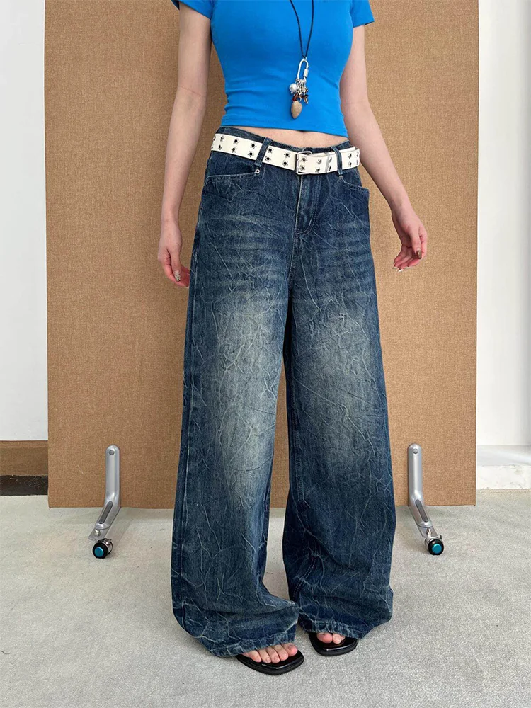 

Loose High Waist Wide Leg Jeans Women's Vintage Cracked Design Straight Drapey Denim Pants Summer Casual Wear Resistant