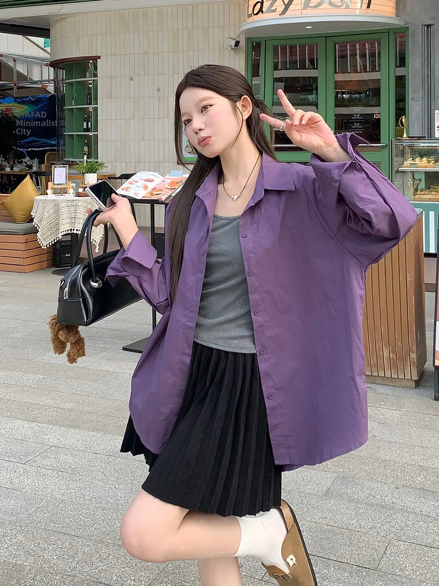 Ultra-Pale Purple Long Sleeve  Shirt Women Loose Lazy Style Camisole Two-Piece Set Shirt Korean Style Commute Wind