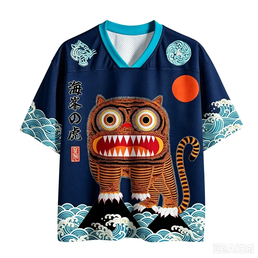 3D-Druck Retro Ukiyo-e-Stil „Hefeng Tiger Wave Red Sun“ Herren Damen Sport- und Fitness-T-Shirt mit V-Ausschnitt, schnelltrocknend, locker geschnitten, Streetwear, lässig – Detail 7