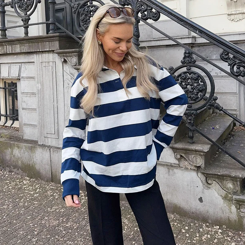 

Ticketsx модные пуловеры в контрастную полоску, повседневные свободные пуговицы в стиле пэчворк, футболка с длинными рукавами, винтажный уличный женский пуловер