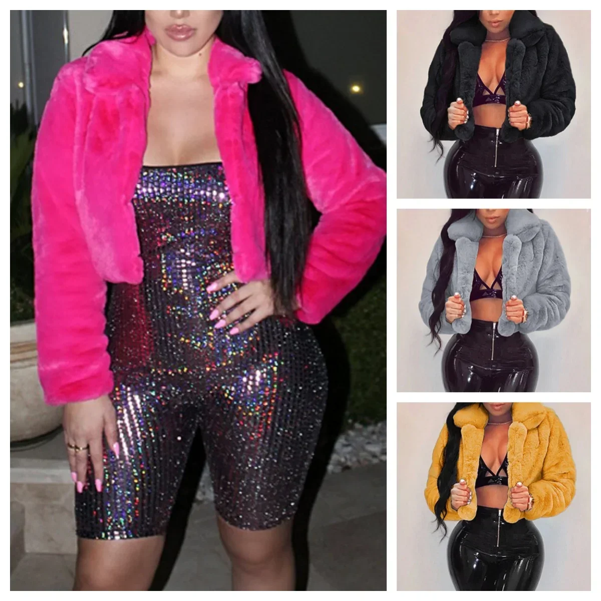 

Fashion Faux Fur Open Stitch Lapel Crop Jackets Women Clothing Autumn Winter Solid Long Sleeve Warm Furry Fluffy Coat Outer Wear