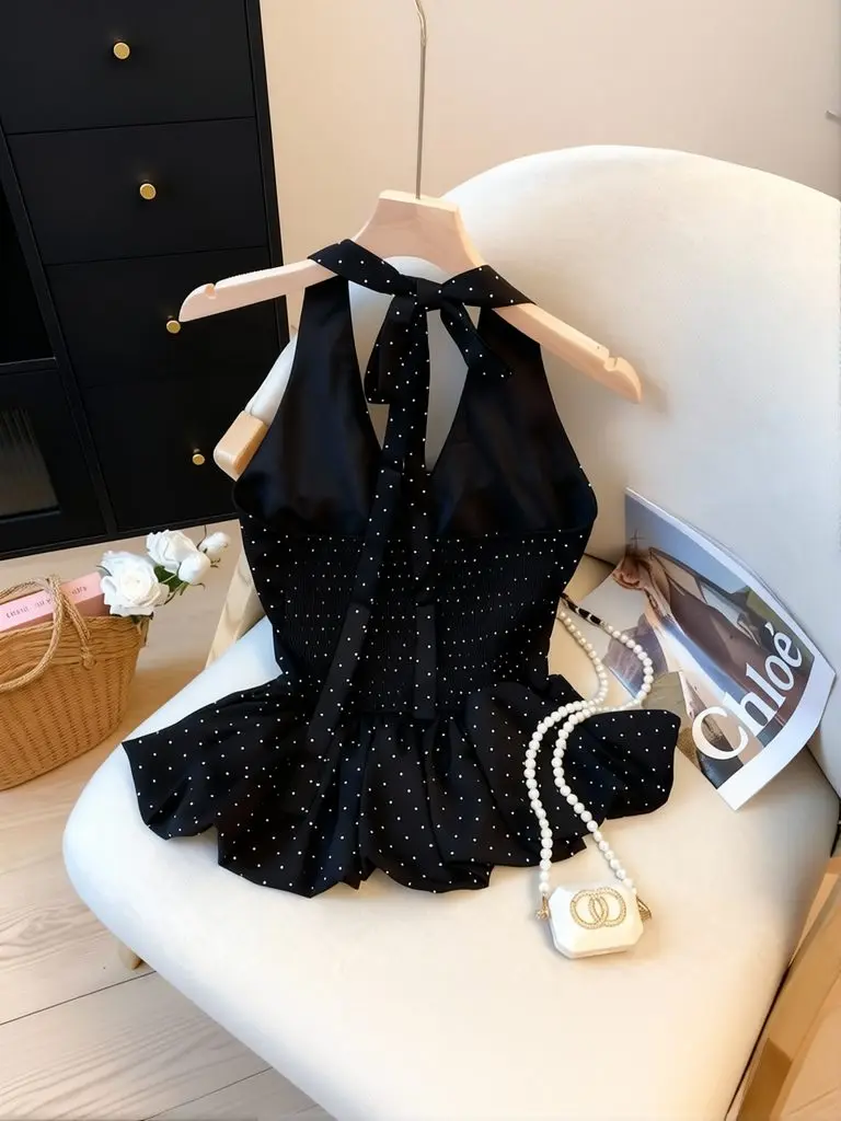 Polka Dot Elegant Sleeveless Halter Neck Top Women Backless Babydoll Summer Ruffle Top Beach Holiday Corset Tank Top Basic Tees