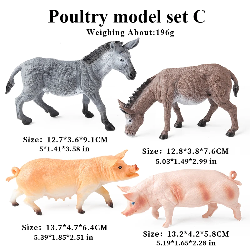Oenux 4pcs Farm Model Simulation Horse Cow Goat Donkey Sheep Pig Action Figures Poultry Animals Figurine Education Kids Toy Gift