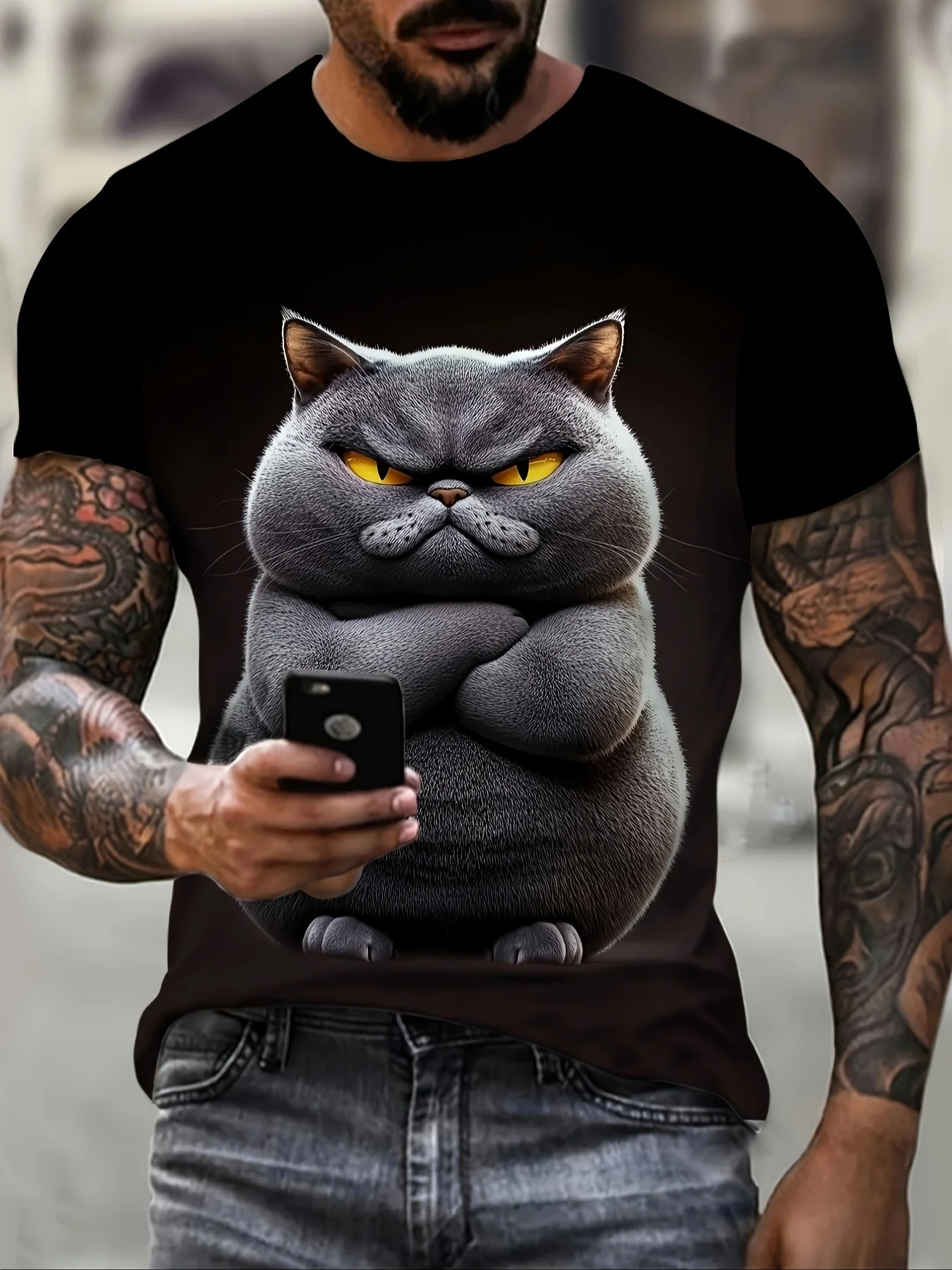 Men Short Sleeve T‑Shirt Grumpy Chubby Gray Cat Cross‑Arms Funny Cartoon Crew Neck Tops