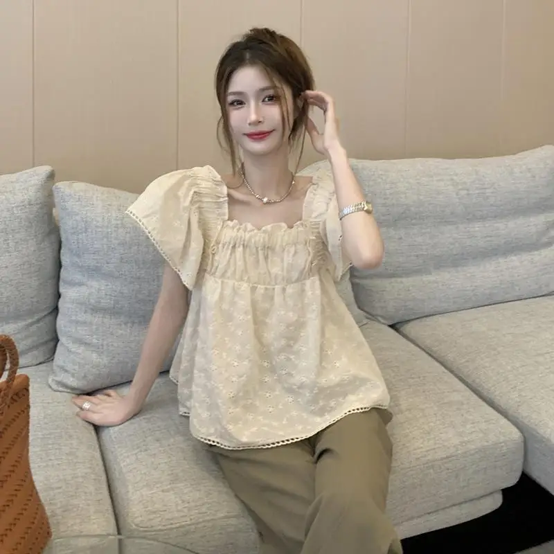 Summer Youth Sweet Short Pleated Shirt Tops New Solid Color Hollow Out Square Collar Simplicity All-match Korean Women Clothing