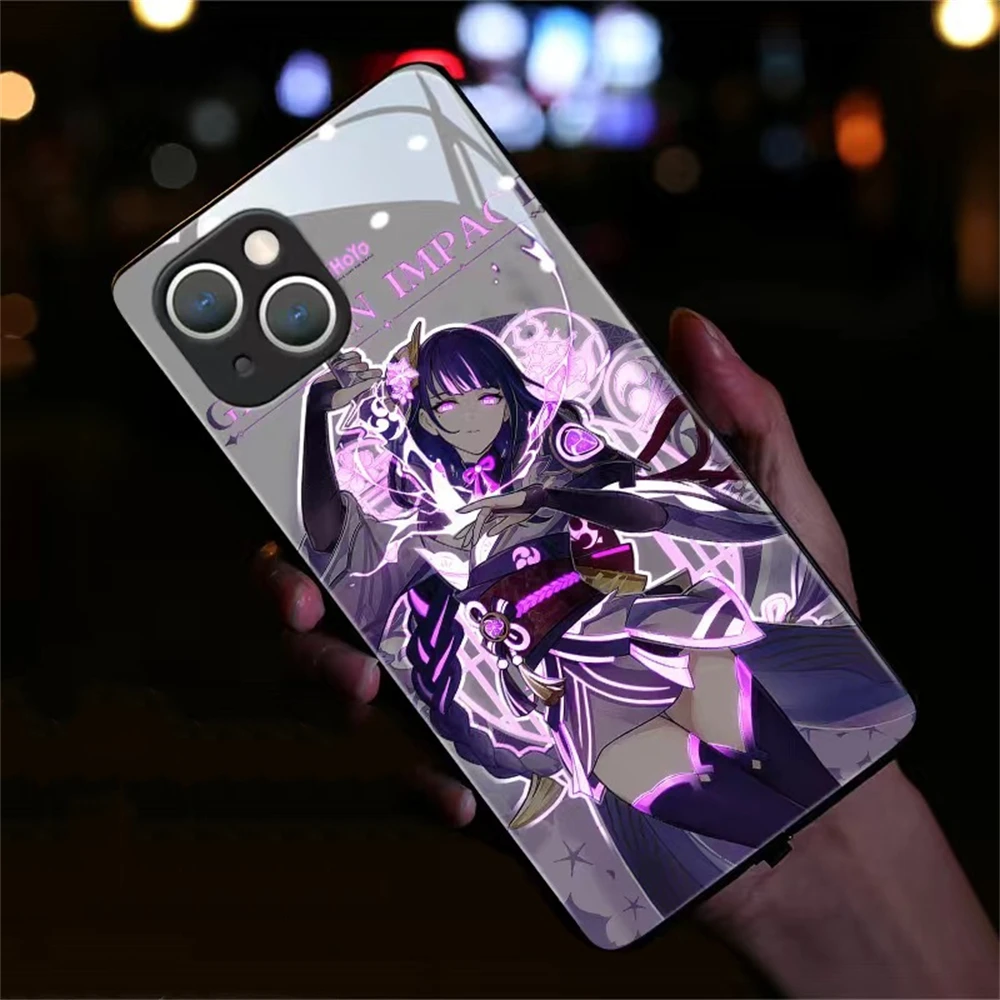 

For iPhone 15 14 13 12 11 Pro Max XR XS Mini SE2020 6 7 8 Plus Luminous LED Flash Light Up Phone Case Back Cover Genshin Impact