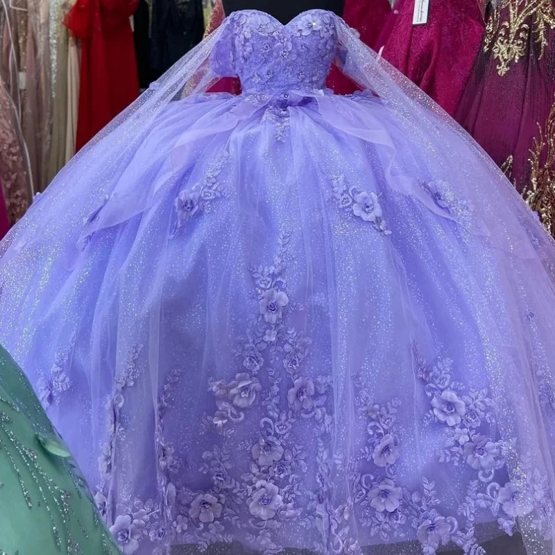 

Quality Lavender Princess Girl Birthday Party Dresses With Sleeve Wrap Flower Puffy Skirt Prom Gown vestidos de 15 quinceañera