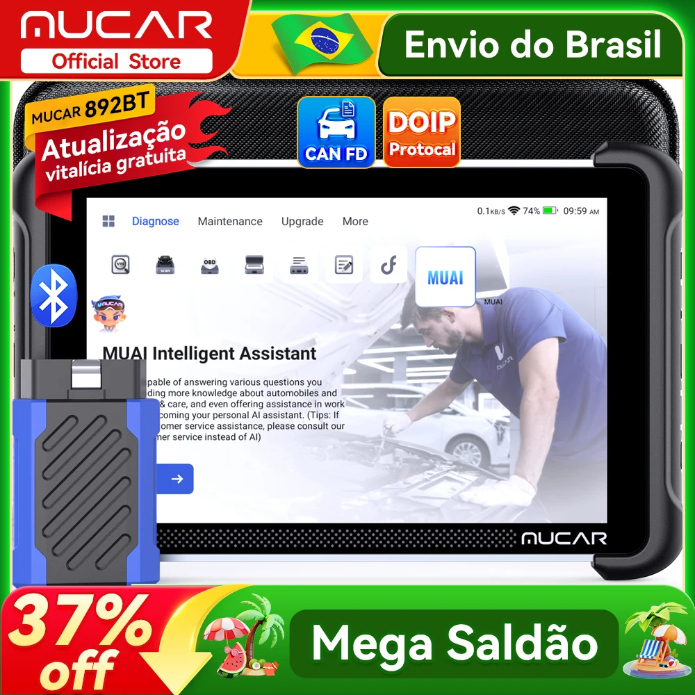 Atualização Gratuita Vitalícia MUCAR 892BT Ferramenta de Diagnóstico OBD2 Assistida por IA Scanner OBD 2 CAN FD/DOIP Todos os Sistemas 35 Funções de Redefinição Codificação de ECU