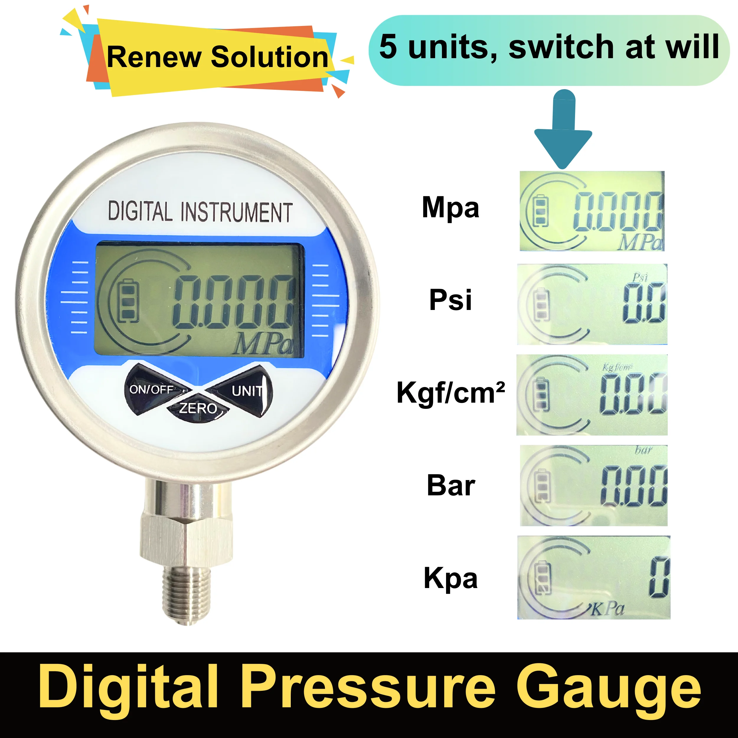 Manômetro Digital Gás Água Combustível Medidor de Pressão Medidor Lcd sem Fio Npt1 Npt1 60mpa Aço Inoxidável