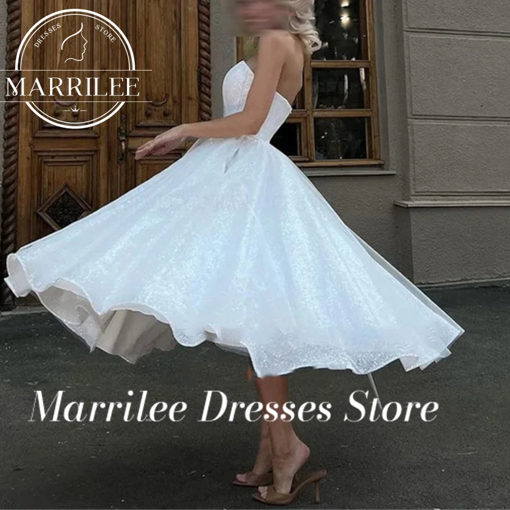 Marrilee Customized Sexy Sweetheart Strapless A-Line Sparkling Evening Dresses Side Slit Sleeveless Tea Length Back Prom Gown