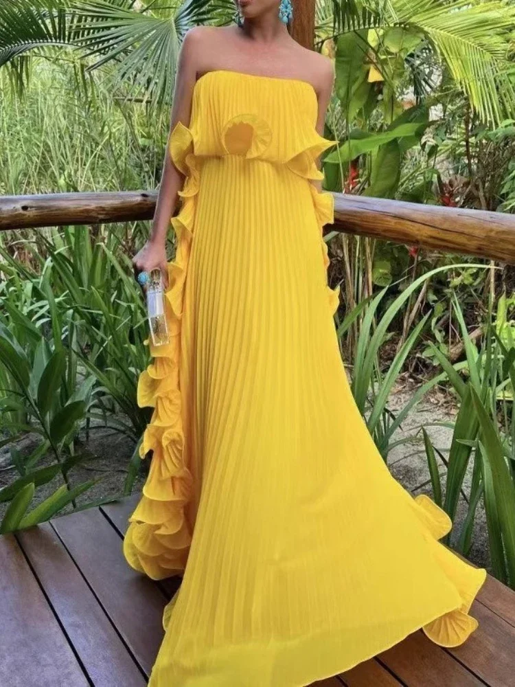 Summer Trendy Women Holiday Dress Orange Pleated Chiffon Long Formal Dresses Custom Made Ruffled Strapless Beach Party Dress