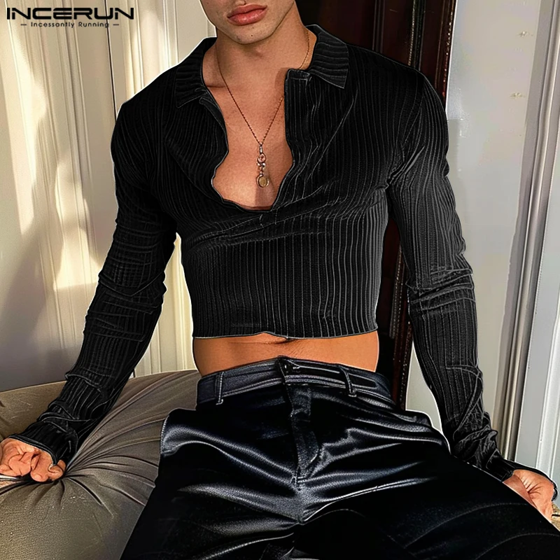 

INCERUN Men Elegant Tops 2024 U-shaped Truncation Tees Casual Long Sleeve Shirts Solid Color Sexy Male Well Fitting Tops S-3XL