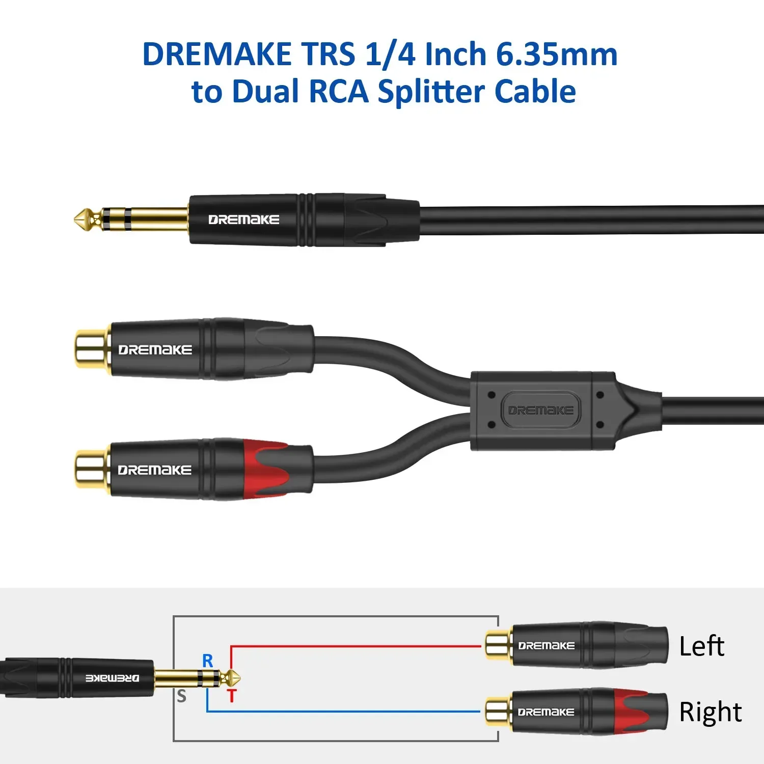 6.35 Mm To 2RCA Cable 1/4 Inch Male TRS To 2 RCA Female Y Splitter Stereo Audio Adapter Cable for AV Receiver Speaker Amplifier