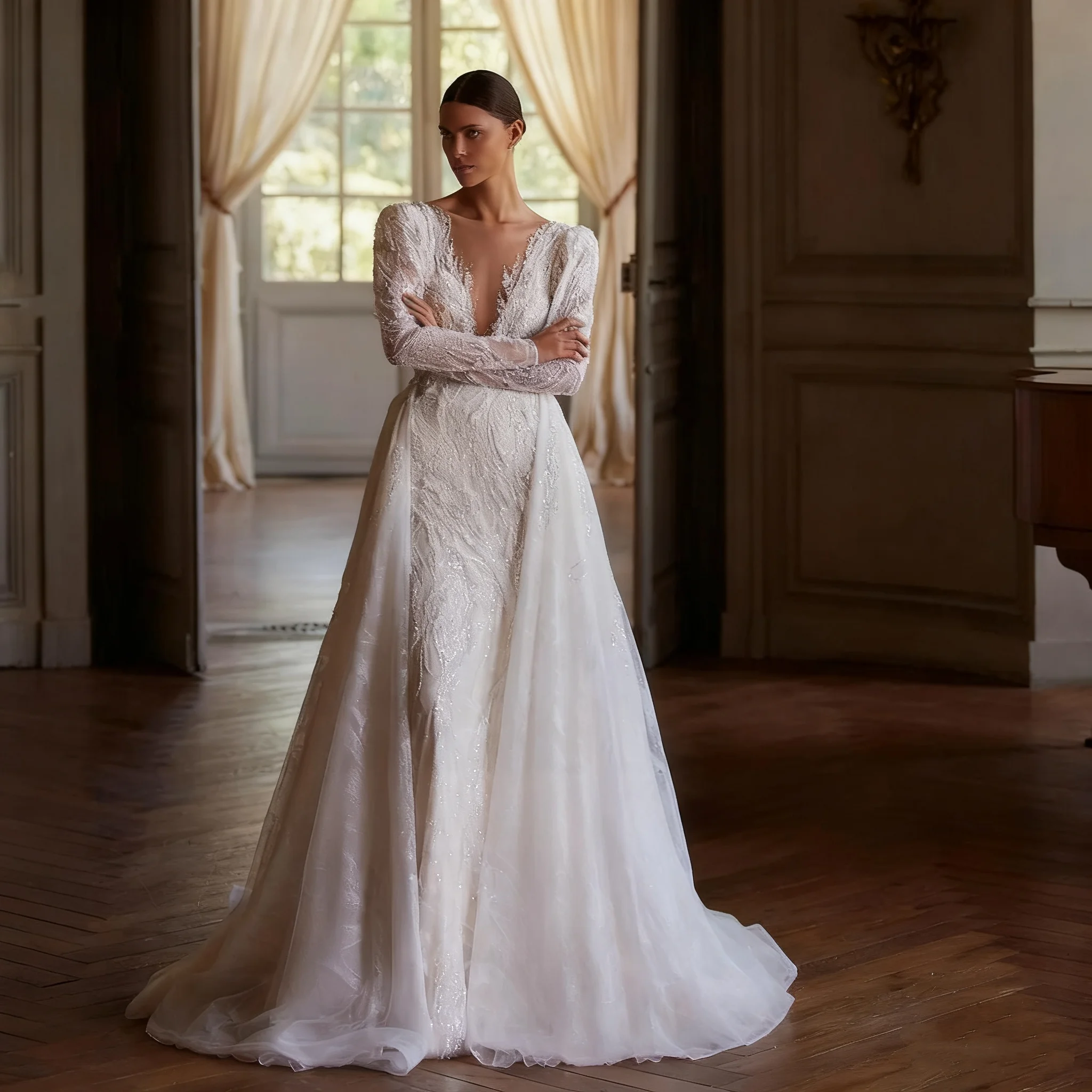 Elegant Long Sleeve V-neck Mermaid Wedding Dress Vest Lace Embroidered Detachable Train Custom Vintage Bridal Dres